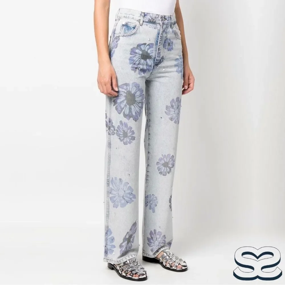 Sandro **NWT** Blossom Floral Print Rhinestone Straight Jeans in Blue Je… - Picture 8 of 15